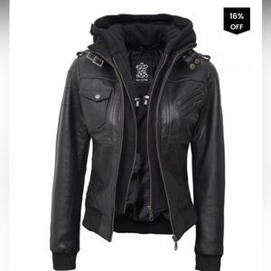 Angel Jackets Black Leather Bomber Jacket with Hood size XL